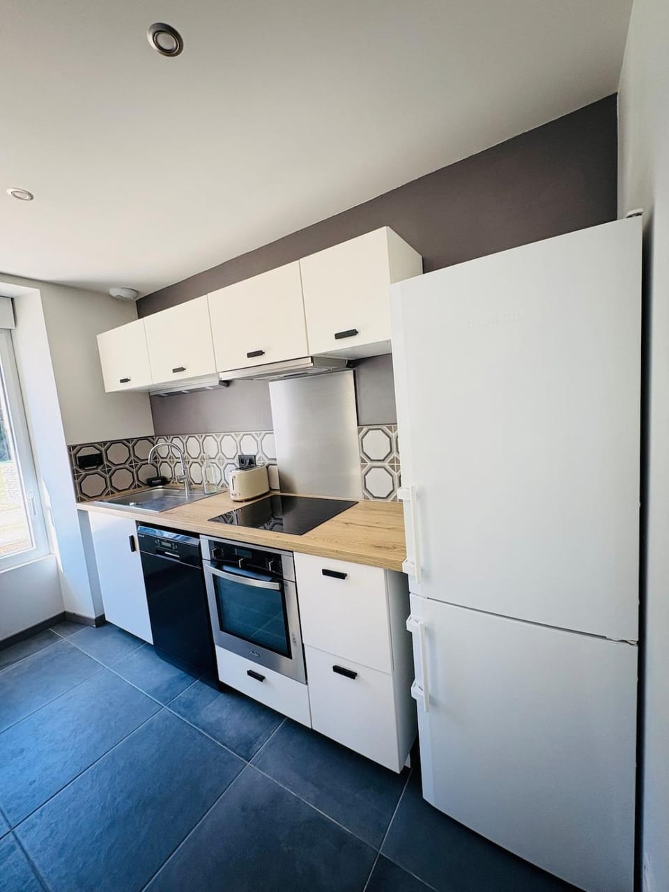 Kitchen or kitchenette, dishwasher, oven, stove