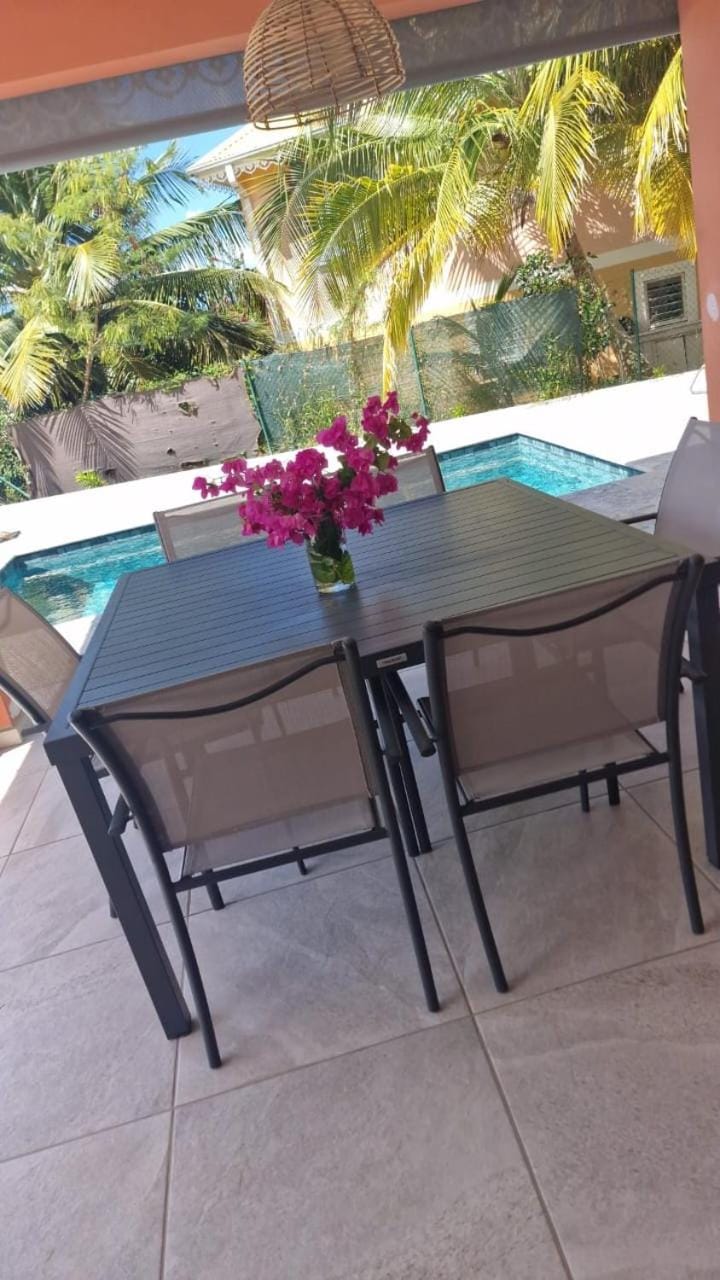 Patio, Dining area, Pool view