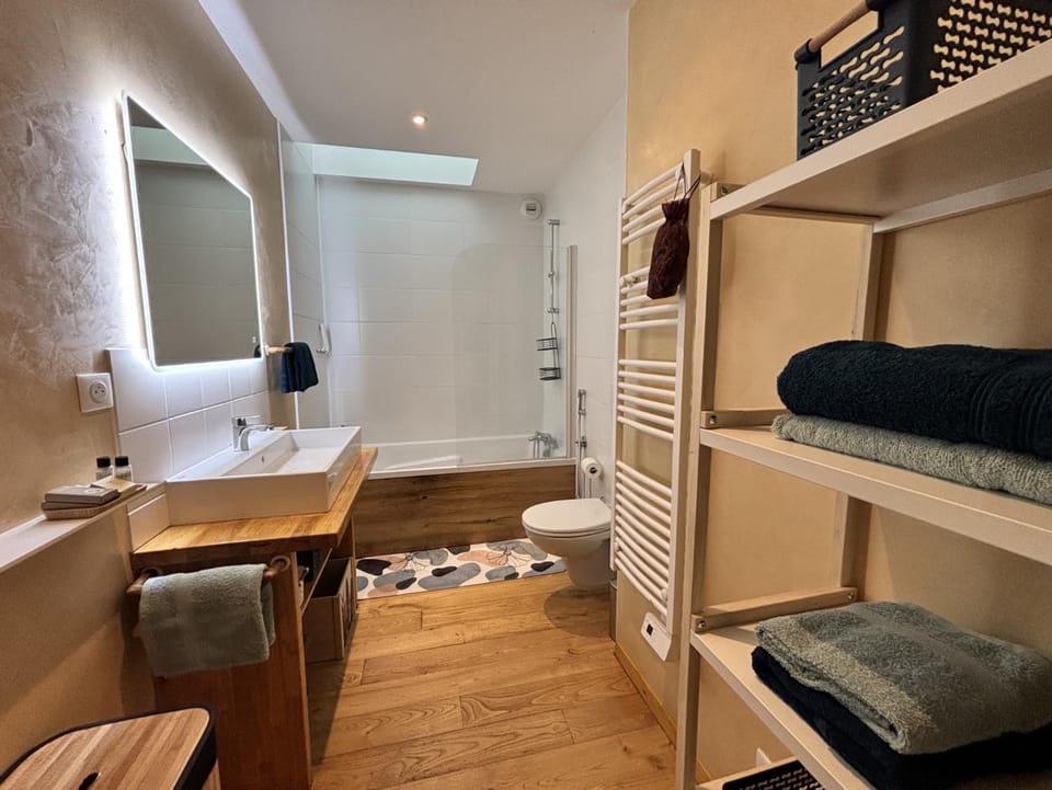 Toilet, Bathroom, Bath, hair dryier, towels