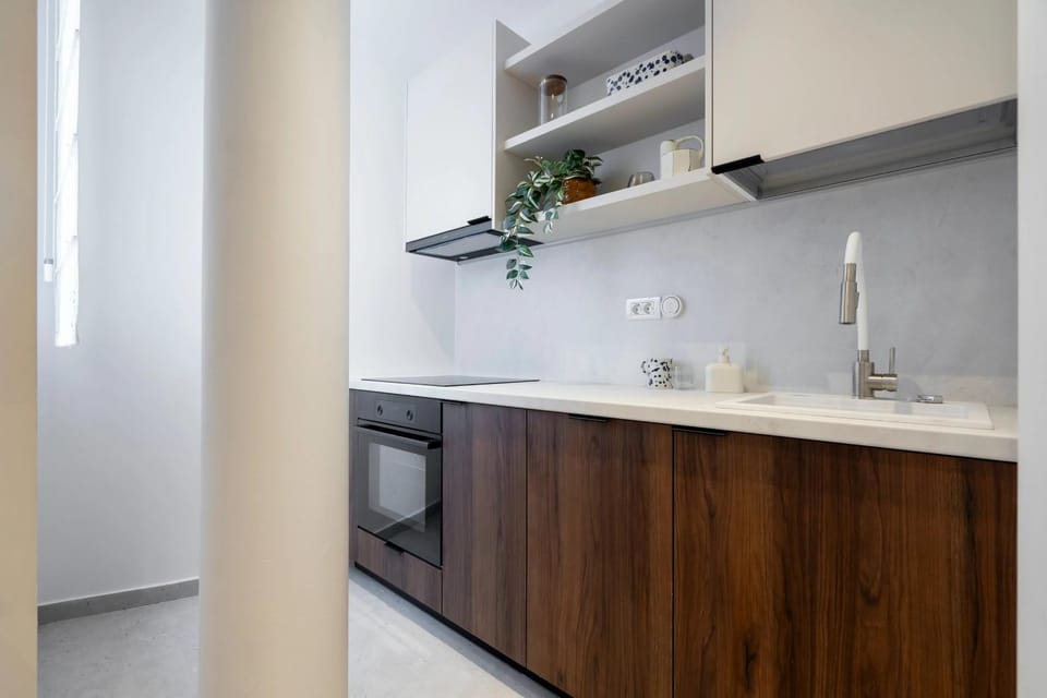 Kitchen or kitchenette, stove