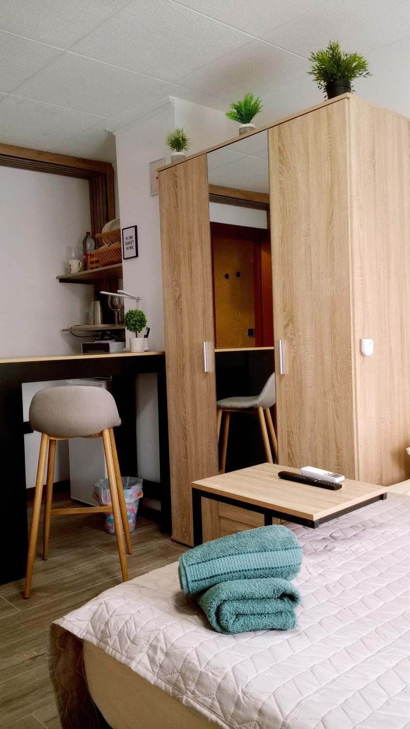 Bed, Kitchen or kitchenette, Photo of the whole room, Dining area, Bedroom, hair dresser, towels, wardrobe
