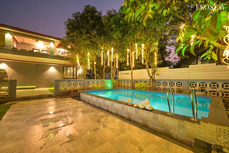 Property building, Night, Garden, Pool view, Swimming pool
