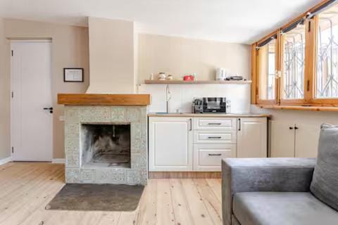 Kitchen or kitchenette, Seating area, fireplace