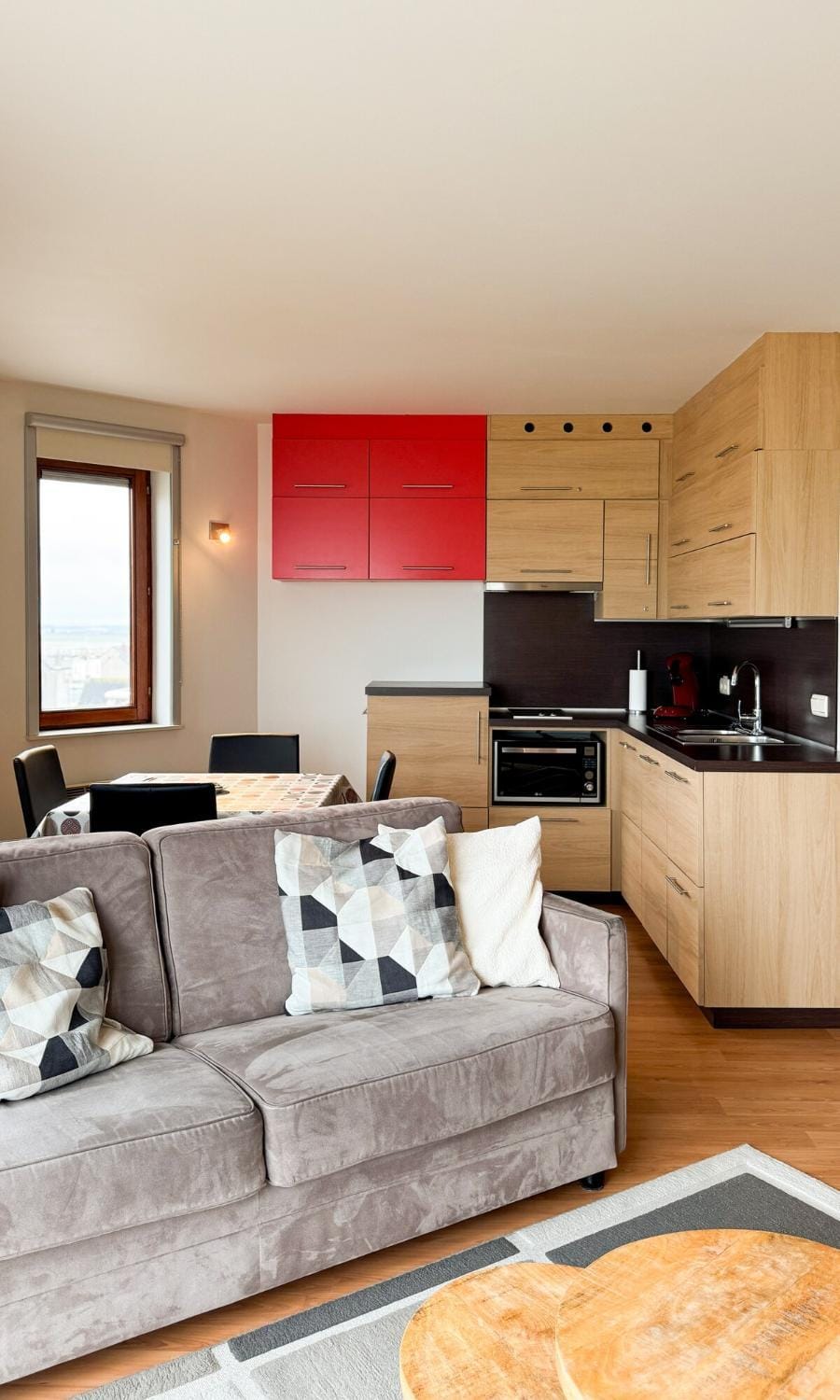 Kitchen or kitchenette, Living room, Dining area, stove