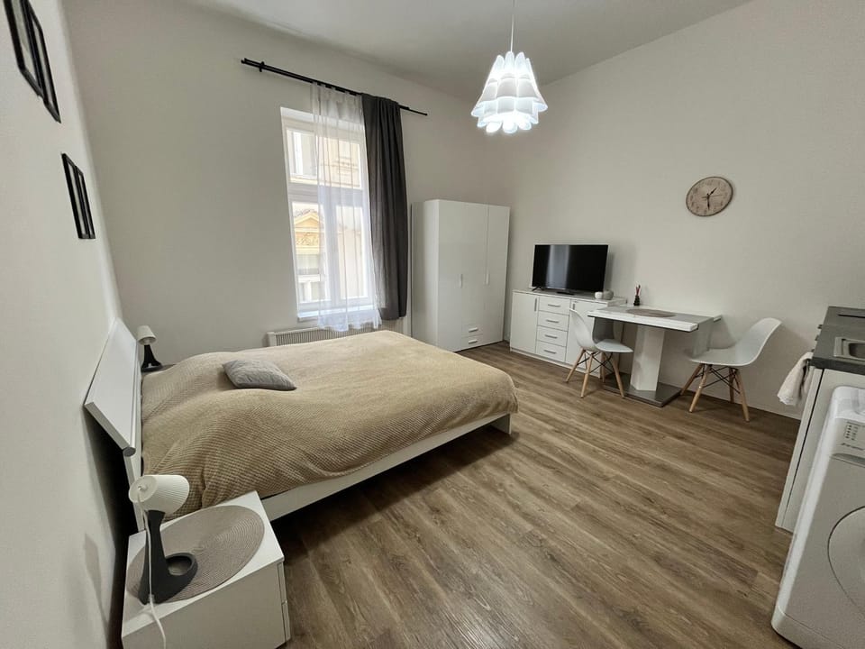Bed, wardrobe