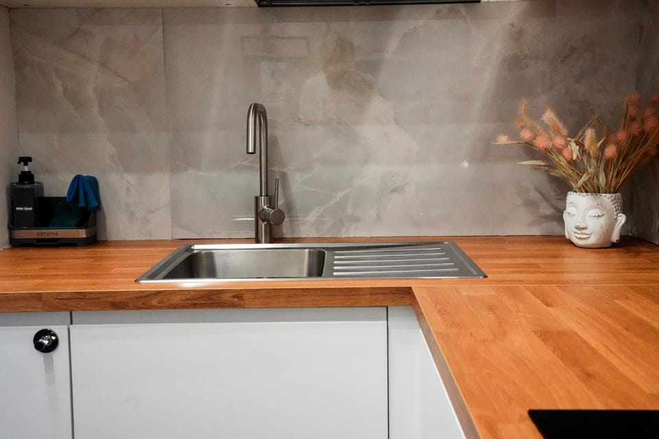 Kitchen or kitchenette, stove