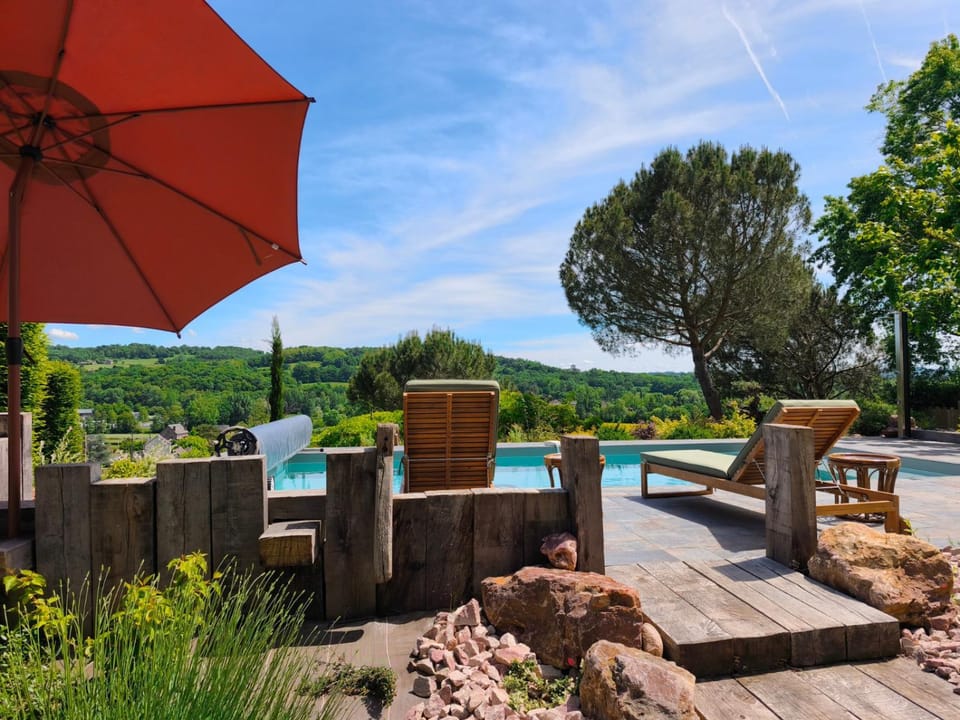 Natural landscape, Garden, Garden view, Swimming pool, sunbed