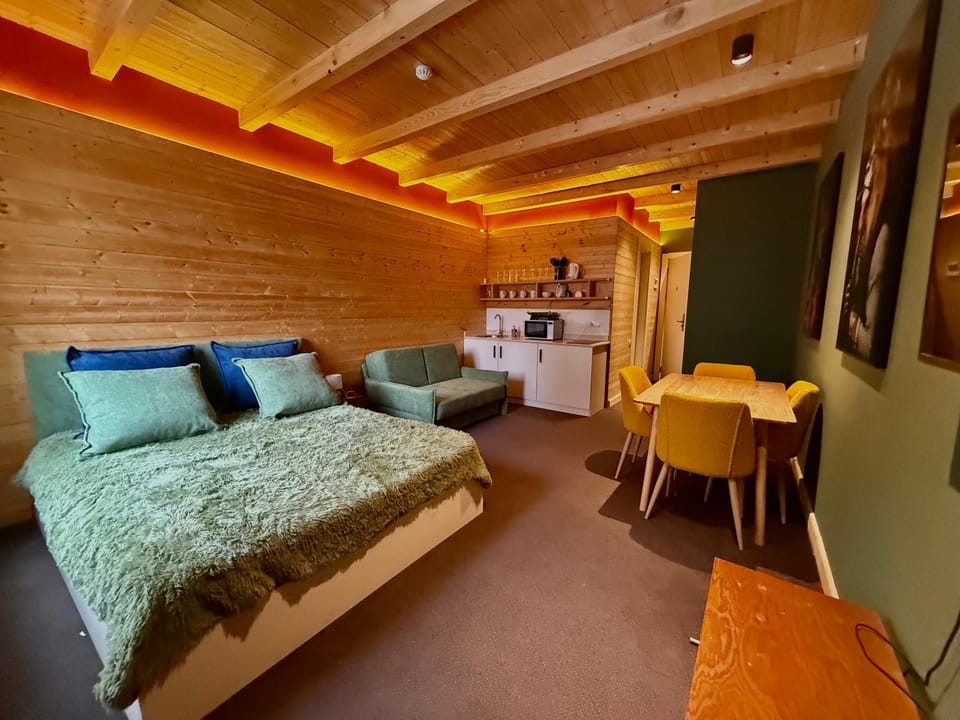 Bed, Kitchen or kitchenette, Living room, Dining area, Bedroom, microwave, stove, toaster