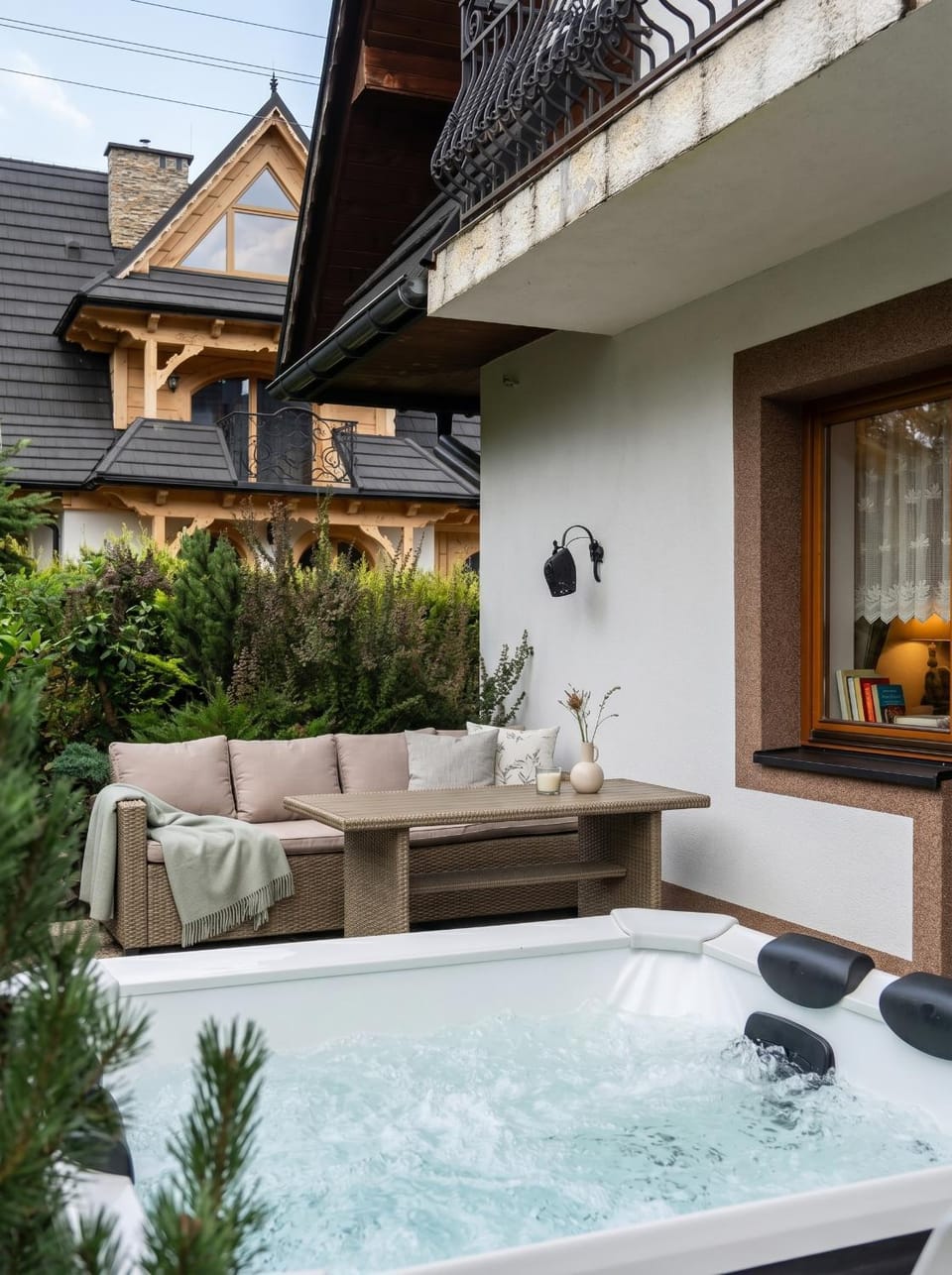 Property building, Patio, Day, Natural landscape, Garden, Hot Tub, View (from property/room), Balcony/Terrace, Living room, Seating area, Garden view, Pool view, Swimming pool
