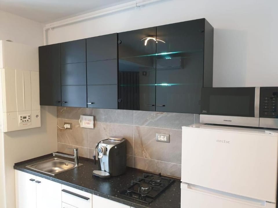 Kitchen or kitchenette, microwave, stove