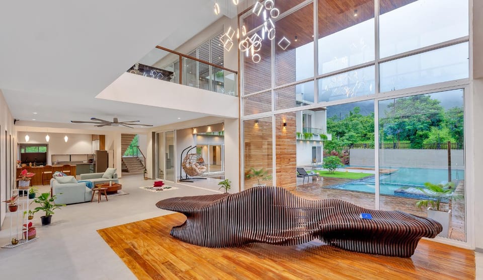 Living room, Seating area, Pool view, air conditioner