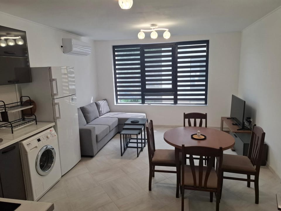 Kitchen or kitchenette, Living room, Seating area, Dining area, oven, stove, washing machine, air conditioner