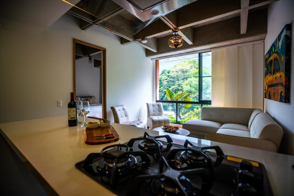 Kitchen or kitchenette, Living room, Seating area, Dining area