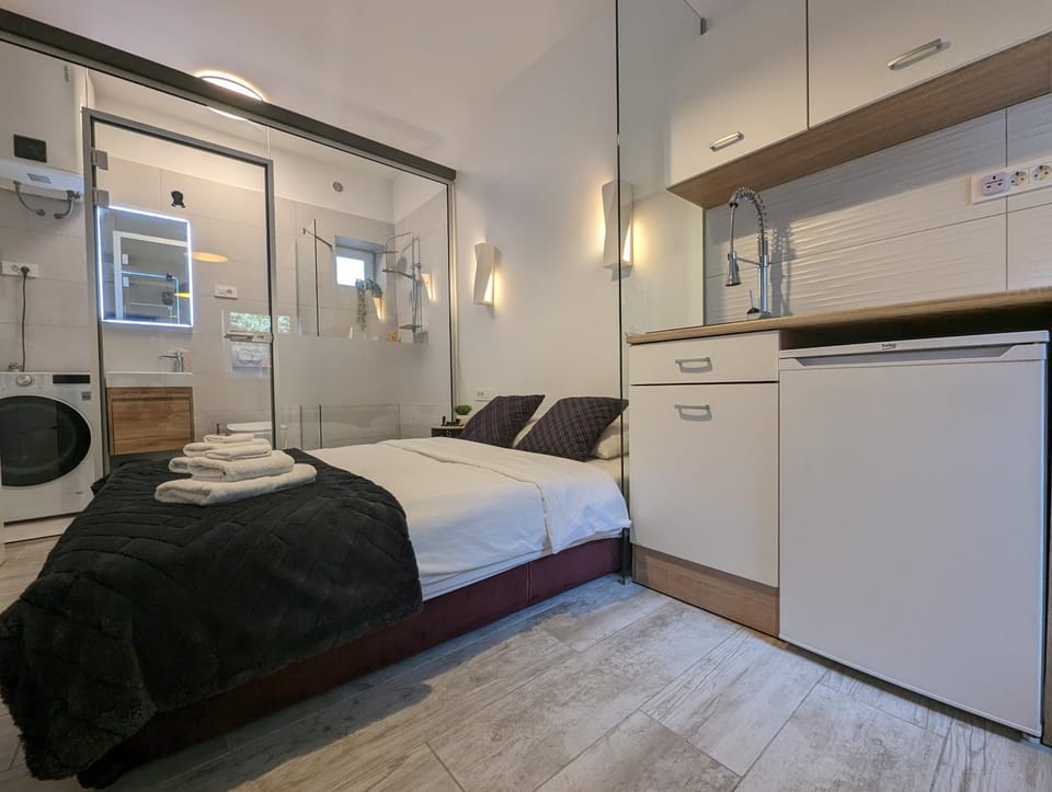 Bed, Kitchen or kitchenette, Photo of the whole room, Bedroom, minibar, oven, towels, wardrobe, washing machine, dryer
