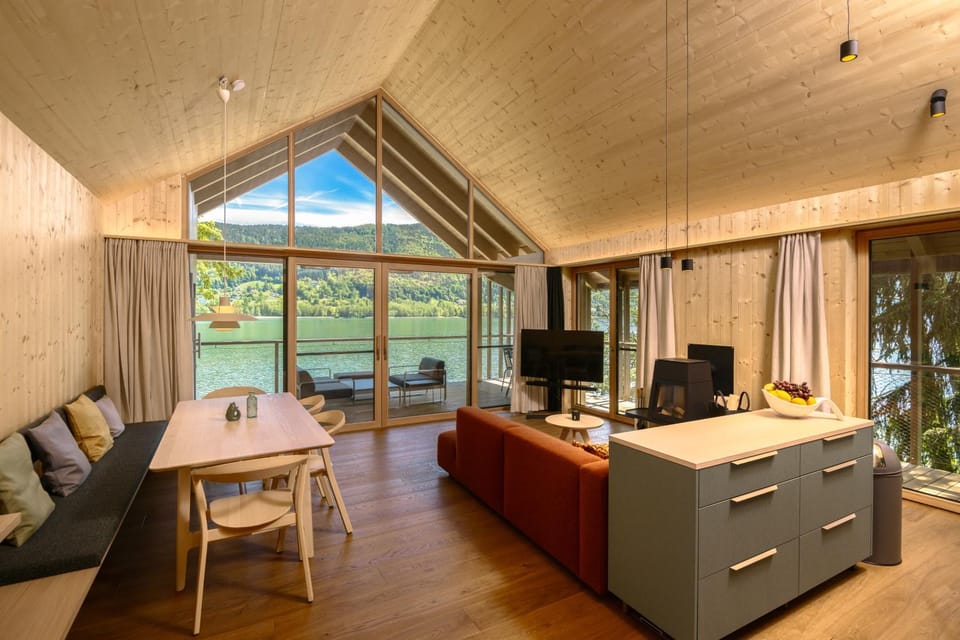 Living room, Seating area, Dining area, Lake view