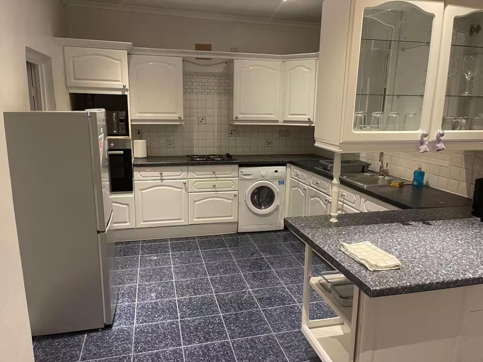 Kitchen or kitchenette, oven, stove, washing machine