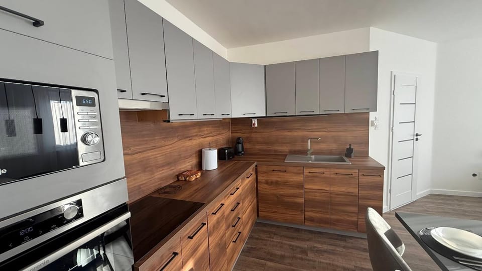 Kitchen or kitchenette, dishwasher, oven, stove
