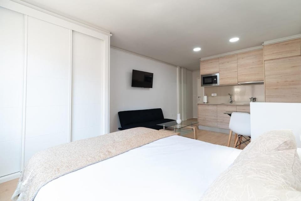 Bed, TV and multimedia, Kitchen or kitchenette, Living room, Photo of the whole room, Seating area, Evening entertainment