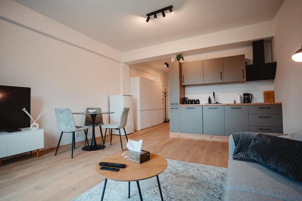 Kitchen or kitchenette, Living room, Seating area, Dining area