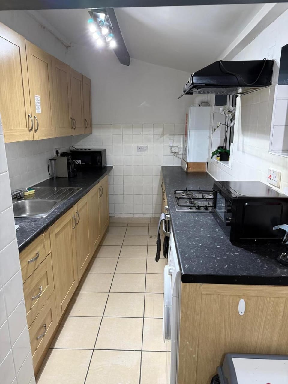 Kitchen or kitchenette, microwave, oven, stove