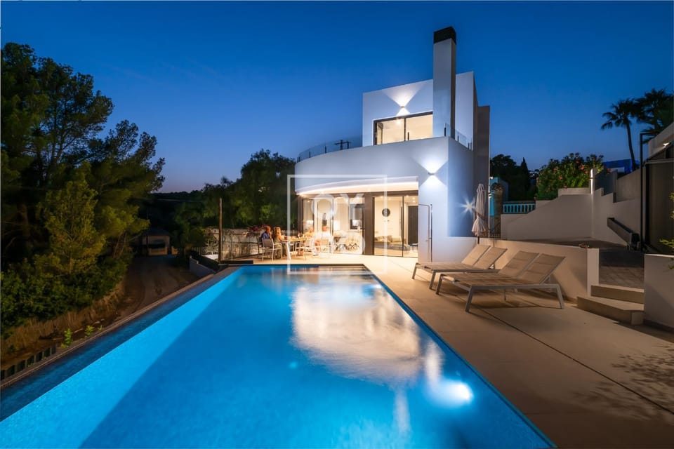 Property building, Night, Garden, Swimming pool