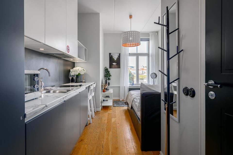 Kitchen or kitchenette, microwave, stove