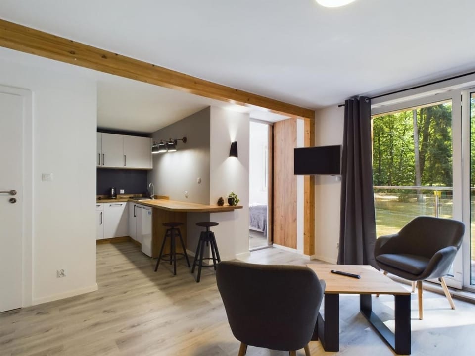 Kitchen or kitchenette, Living room, Seating area, Dining area