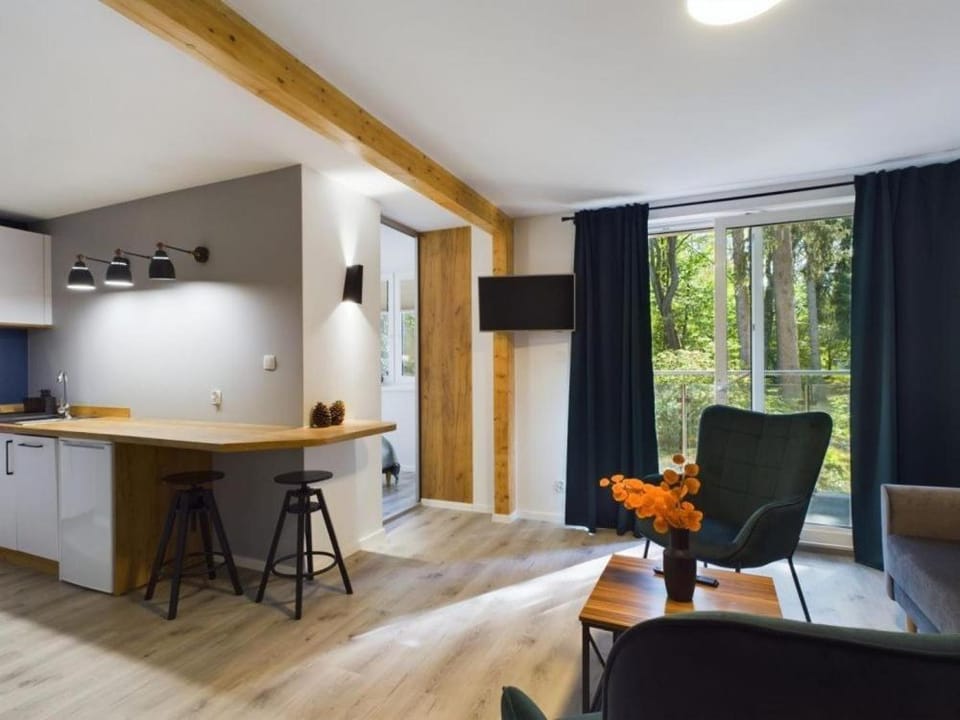 Kitchen or kitchenette, Living room, Seating area, Dining area