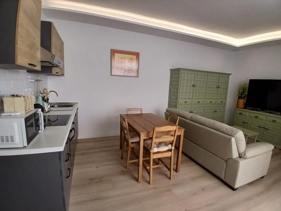 Kitchen or kitchenette, Living room, Seating area, Dining area