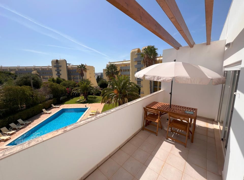 View (from property/room), Balcony/Terrace, Pool view, sunbed