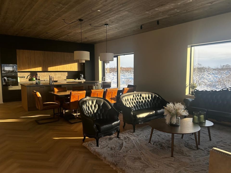 Kitchen or kitchenette, Living room, Seating area, Dining area