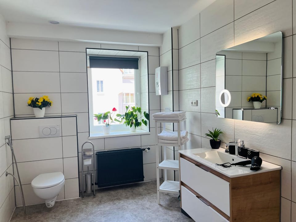Bathroom, hair dryier, towels