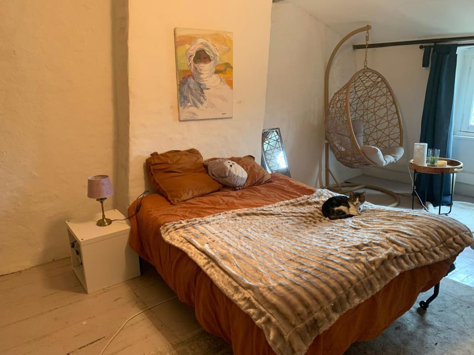 Bed, Seating area, Bedroom