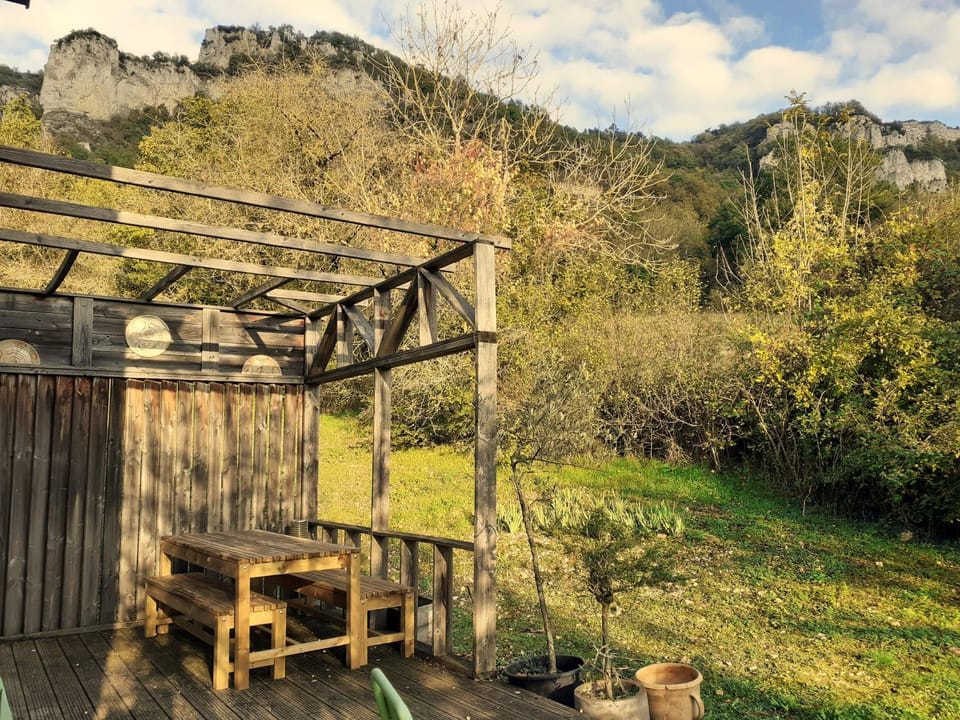 Patio, Spring, Day, Natural landscape, Dining area, Garden view, Mountain view