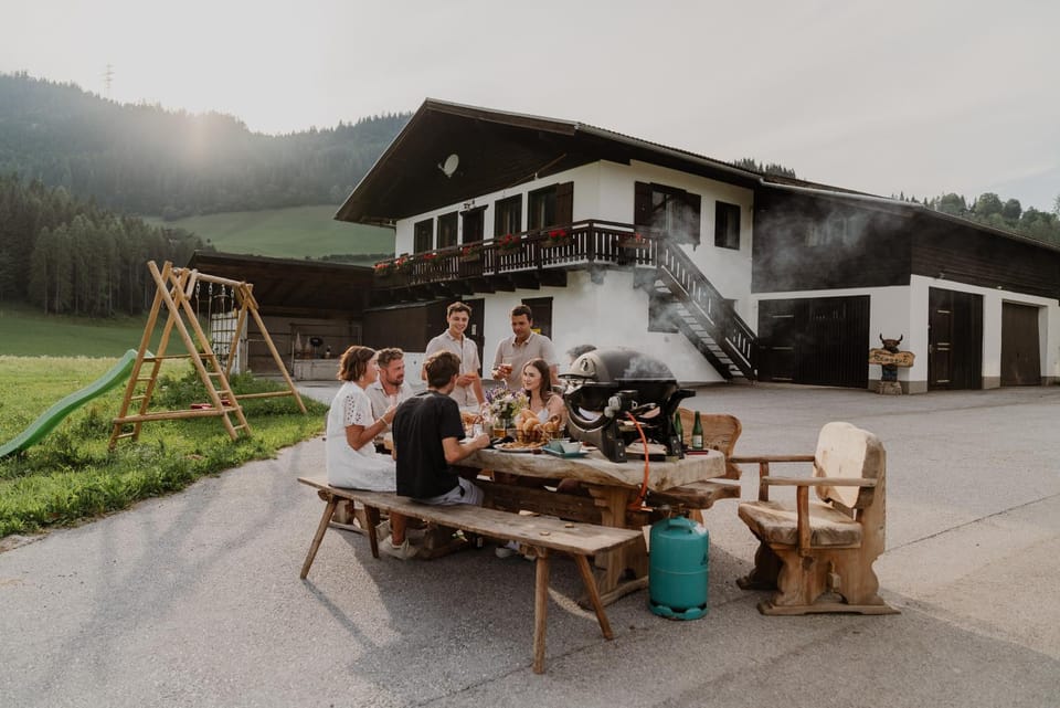 People, BBQ facilities, Mountain view, group of guests