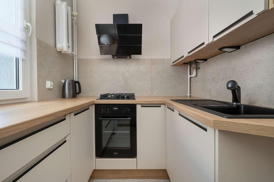 Kitchen or kitchenette, stove