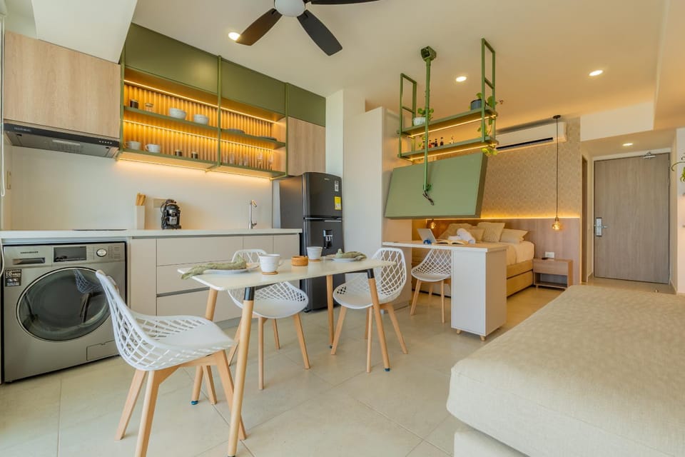 Bed, kitchen