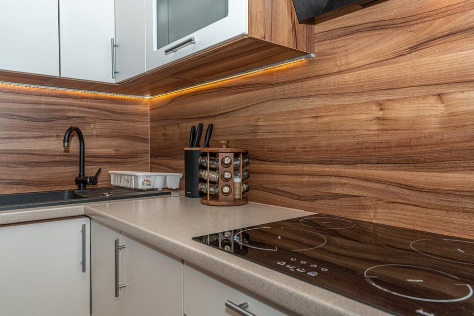 Kitchen or kitchenette, stove
