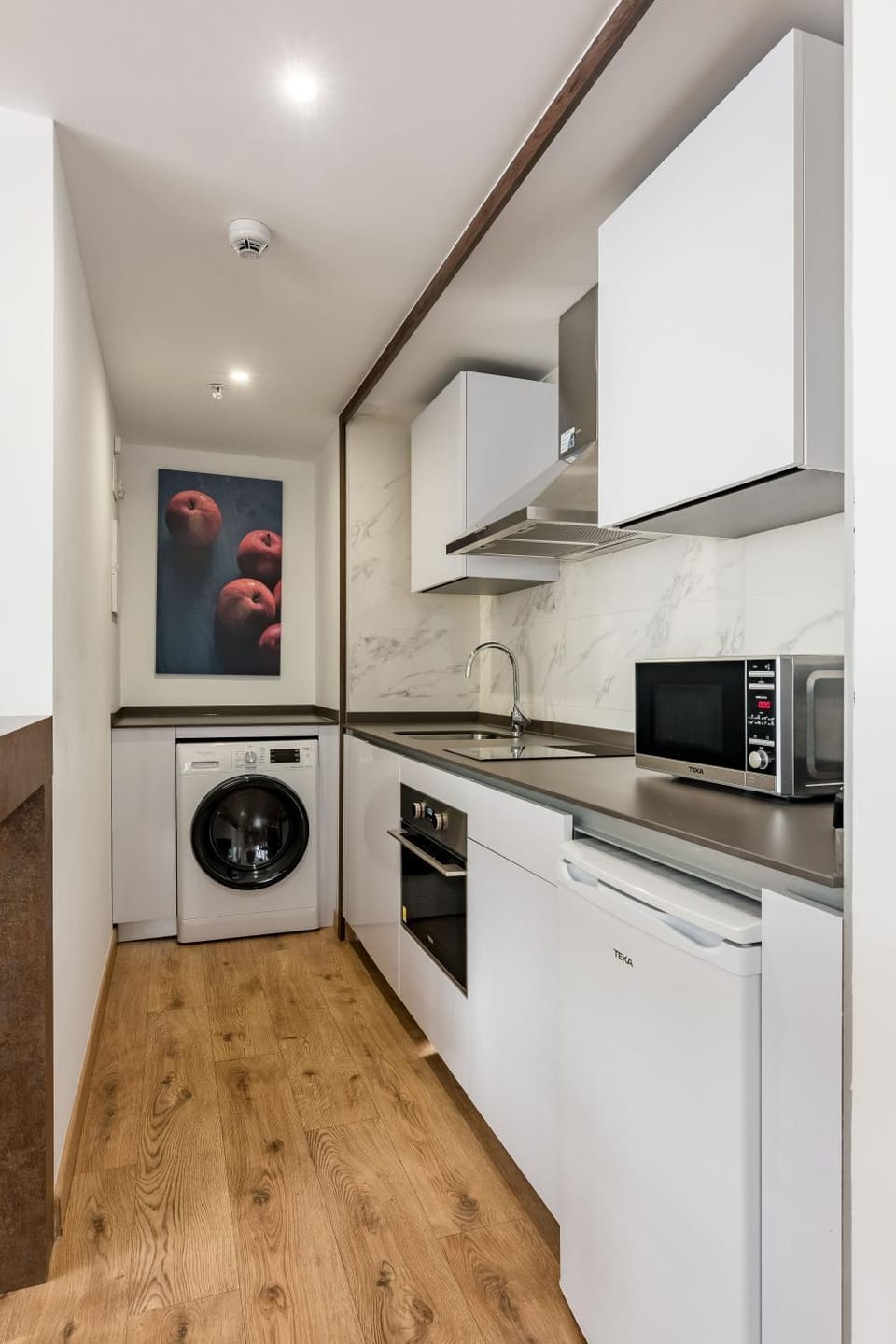Kitchen or kitchenette, oven, stove, washing machine, dryer