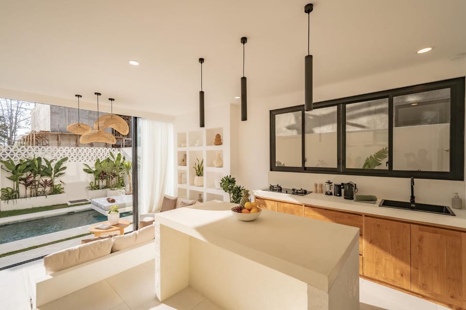 Kitchen or kitchenette, Living room, Pool view, Swimming pool