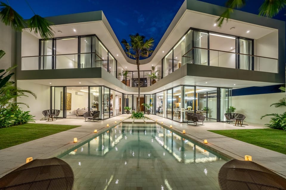 Property building, Patio, Night, Garden view, Pool view, Swimming pool