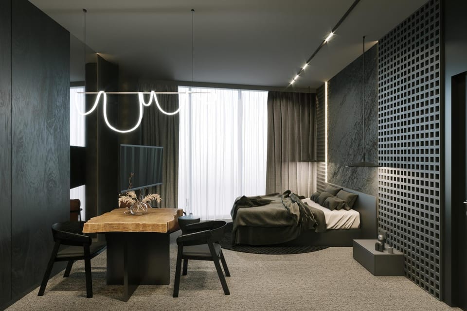 Bed, Living room, Photo of the whole room, Seating area, Bedroom