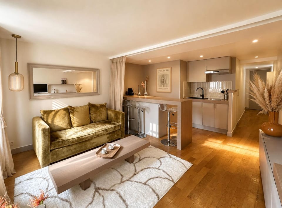 Bed, Kitchen or kitchenette, Living room, Seating area, stove
