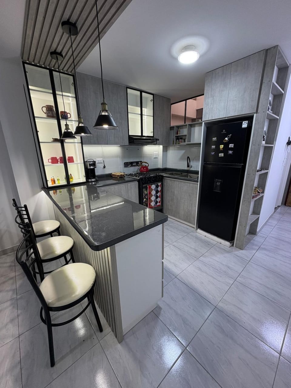 Kitchen or kitchenette, dishwasher, stove