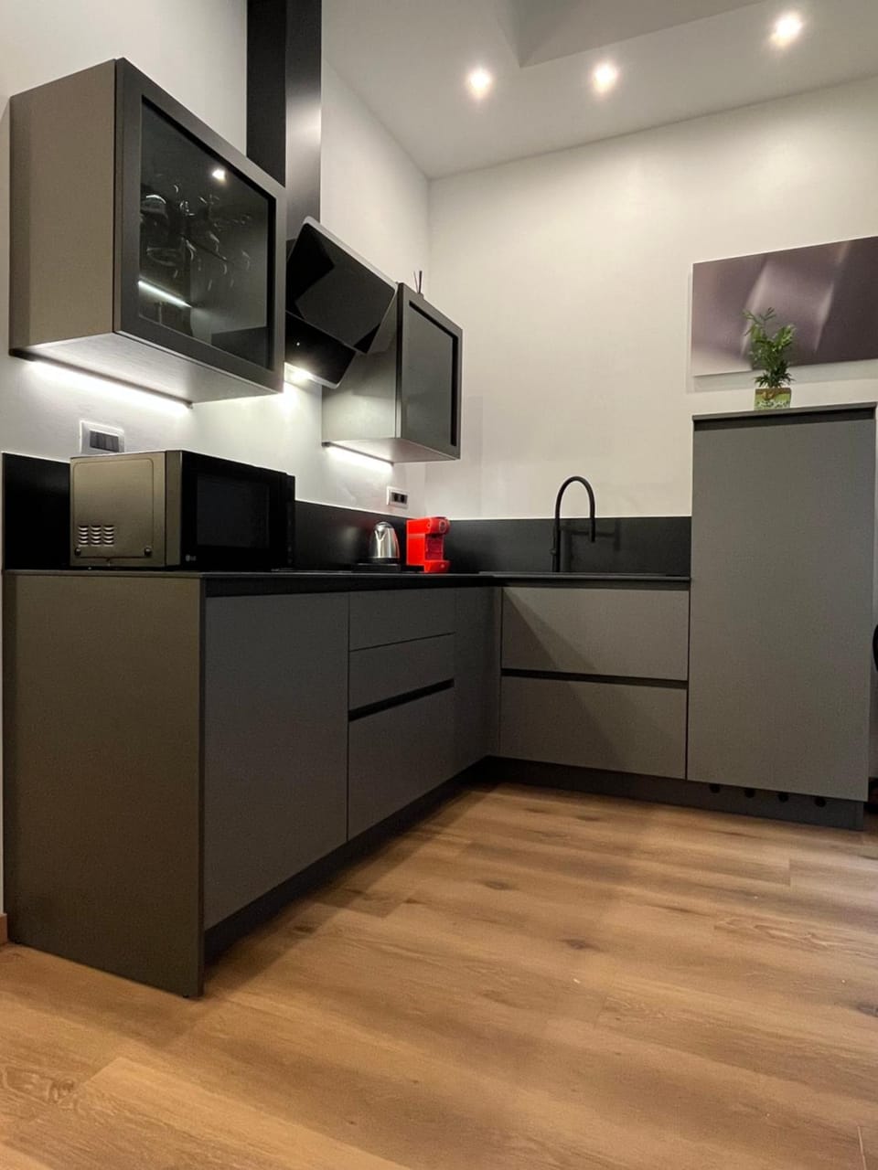 Kitchen or kitchenette, dishwasher, microwave, stove