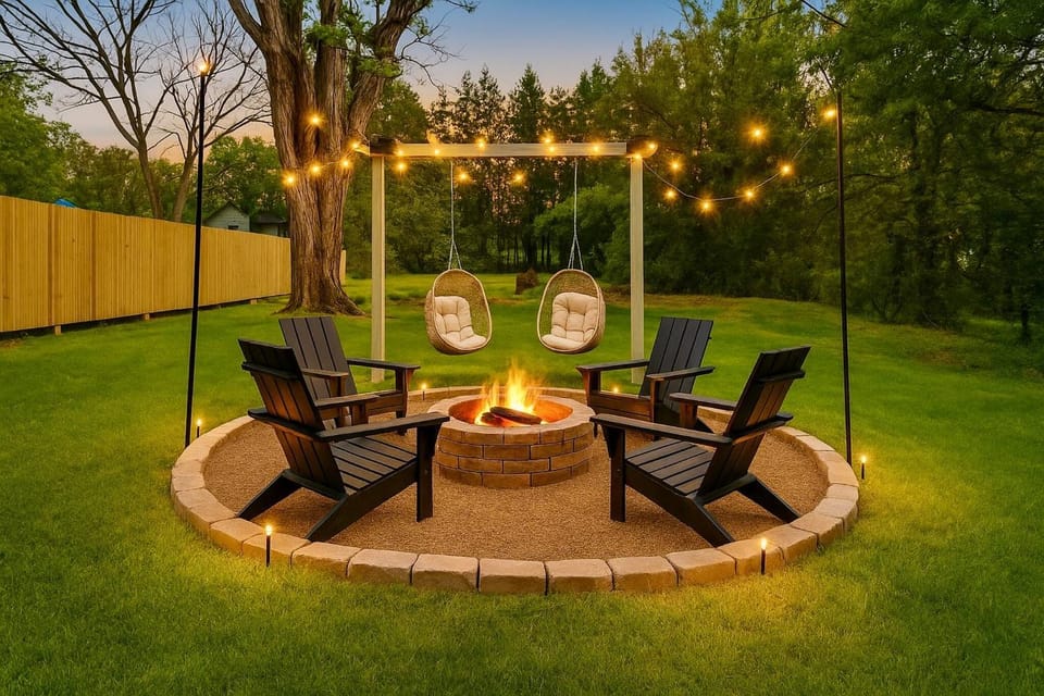 Patio, Night, BBQ facilities, Seating area, fireplace