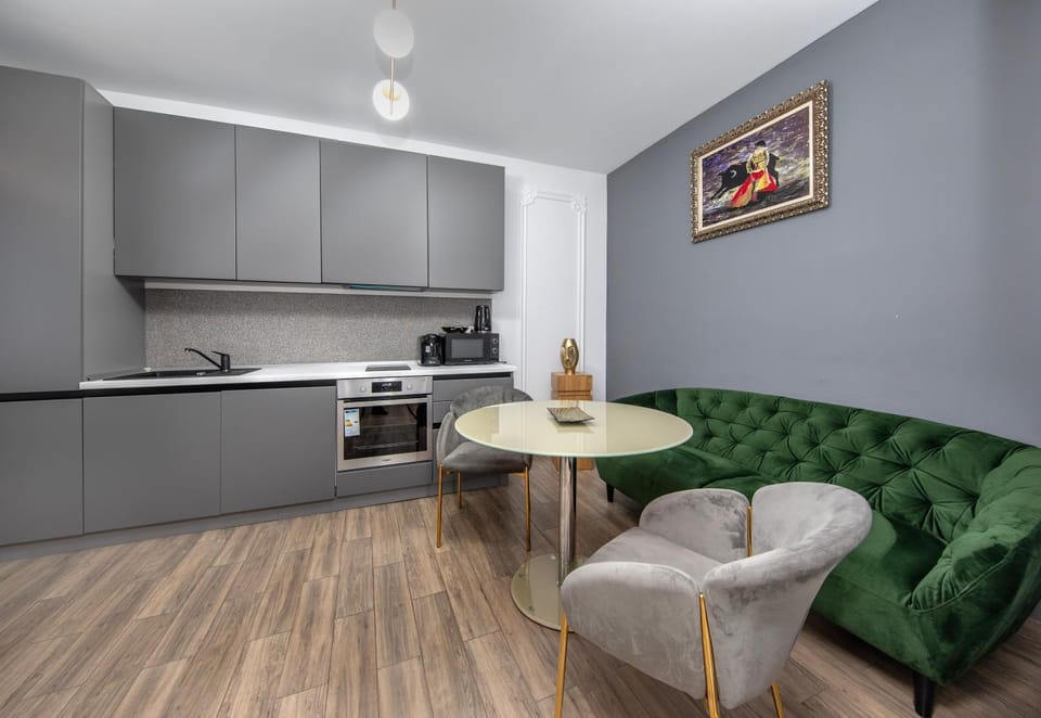 Kitchen or kitchenette, Living room, Seating area, Dining area, stove