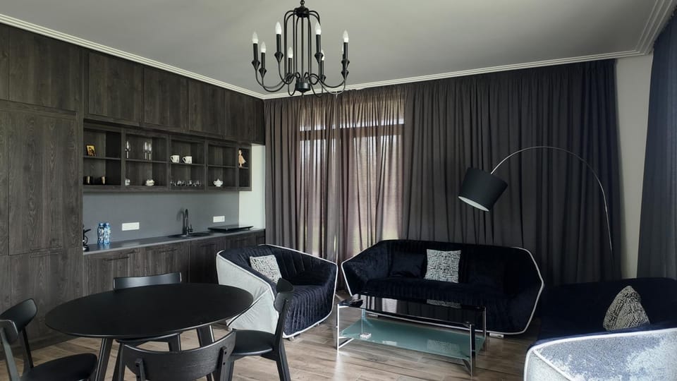 Kitchen or kitchenette, Living room, Seating area, Dining area