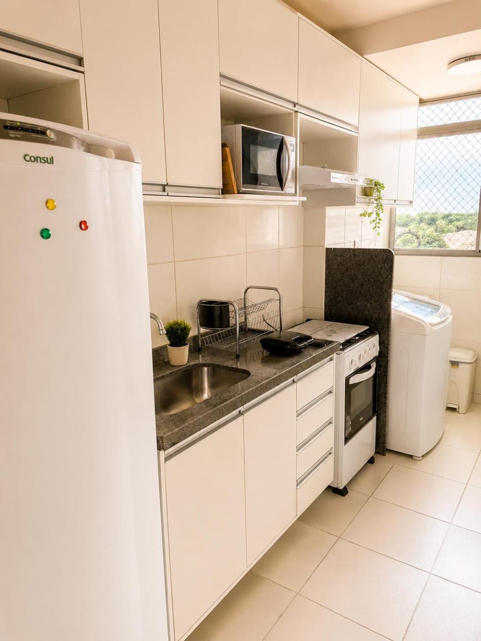 Kitchen or kitchenette, oven, stove, washing machine