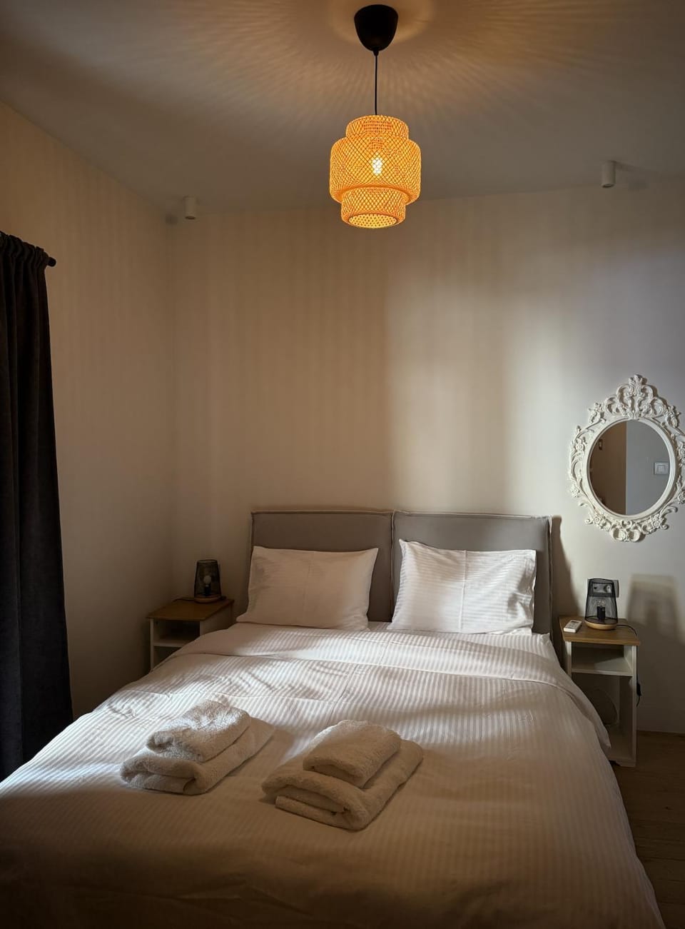 Bed, Bedroom, hair dryier, towels, wardrobe, air conditioner